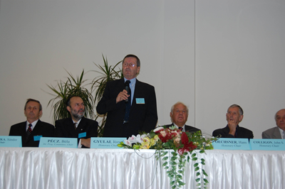 Opening session of JVC-12/EVC-10/AMDVG-7 (Balatonfüred, 2008). From left to right: S. Bohátka, Chair of the conference, President of VPTA of REPS 2003-2011, Secretary of HVS 1996-2011; B. Pécz, Chair of the International Programme Committee, President of VPTA of REPS 2012- ; J. Gyulai, President of HVS 1991-, Honorary Chair of the conference; H. Oechsner and J. S. Colligon, Honorary Chairs of the conference; B. P. Barna, Chair of the International Organizing Committee.